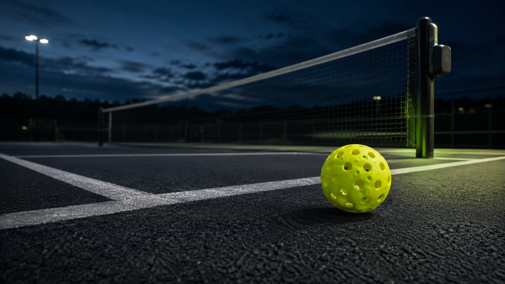 Pickleball resting beside a bright court line at dusk